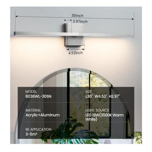 30" Brushed Nickel LED Bathroom Vanity Light Fixture Horizontal or Vertical - Picture 9 of 10